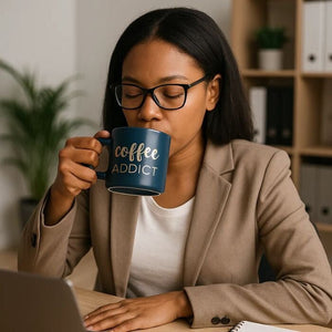 Coffee Addict Kerámia Bögre – 410 ml, Kék Arany Felirattal - BShopy