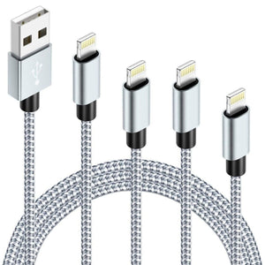 iPhone Töltőkábel 4 db - 1 m, Fonott Nylon, Fehér - Szürke, Lightning Kábel Szett - BShopy