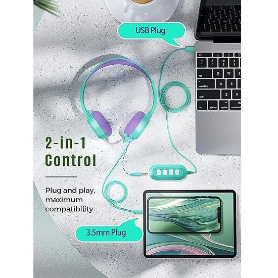 MPOW Gyerek Headset Menta - Lila Színben - Állítható és Kényelmes Fejhallgató - BShopy