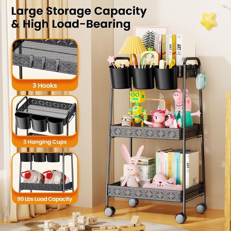 PKBD 3 Szintes Fém Gurulós Tároló - Zárható, Kerekes Szekrény Fekete Színben - BShopy