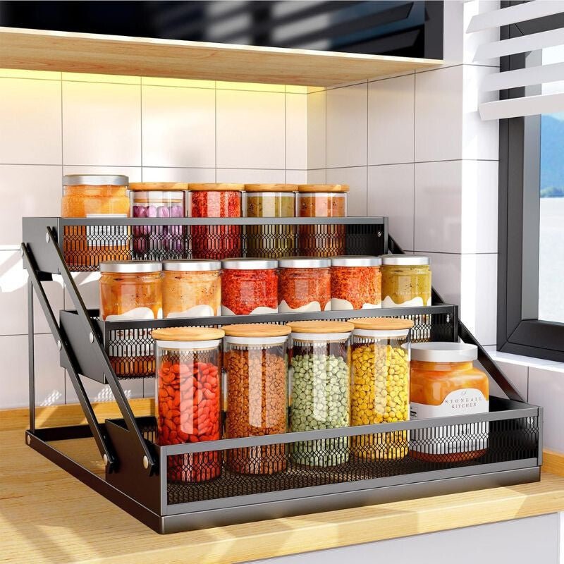 PKBD 3 Szintes Összecsukható Fém Fűszertartó – Helytakarékos Konyhai Tároló Polc - BShopyB0D1XZQ1VV_0