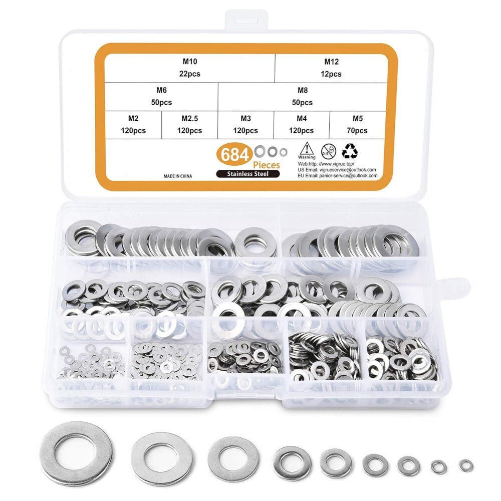 Rozsdamentes Acél Lapos Alátét Készlet - 684 darabos Szerelő Alátét Szett Tárolódobozban - BShopyX001BWSQKZ_0