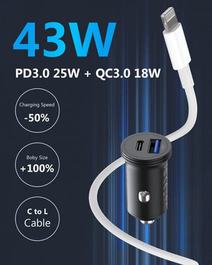 USB - C Autós Töltőadapter - 43W, 2 Portos Gyorstöltő Telefonhoz és Tablethez - BShopy
