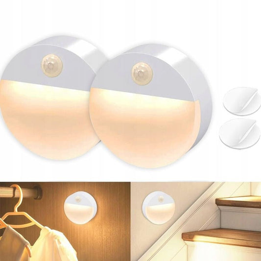 2 db Elemes, Vezeték Nélküli Kerek LED Fali Lámpa - PIR Mozgásérzékelővel, Éjszakai világításhoz - BShopy