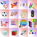 Obsah balíčku fidget hraček – pop it, spinner, squishy, magický had a hlavolam kostka