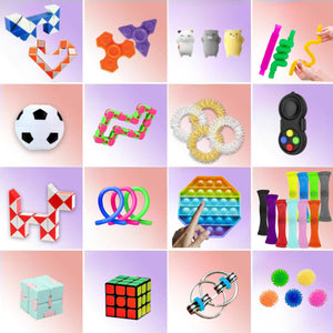 Obsah balíčku fidget hraček – pop it, spinner, squishy, magický had a hlavolam kostka