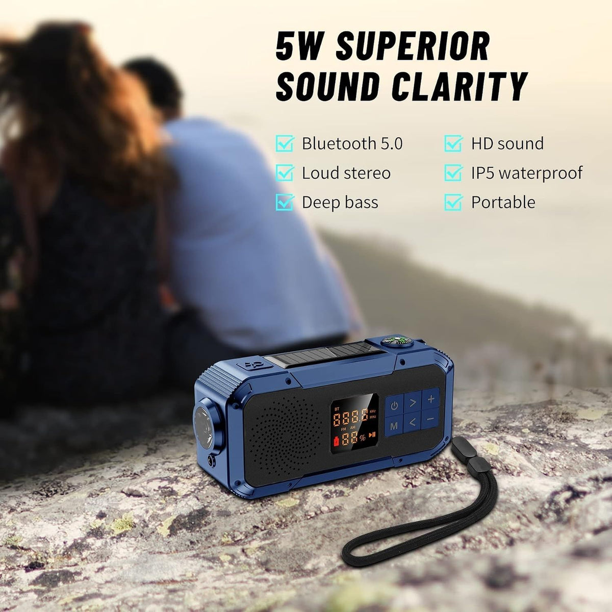 Multifunkční Přenosné Rádio - Bluetooth, Powerbanka, Solární, Nouzové Světlo