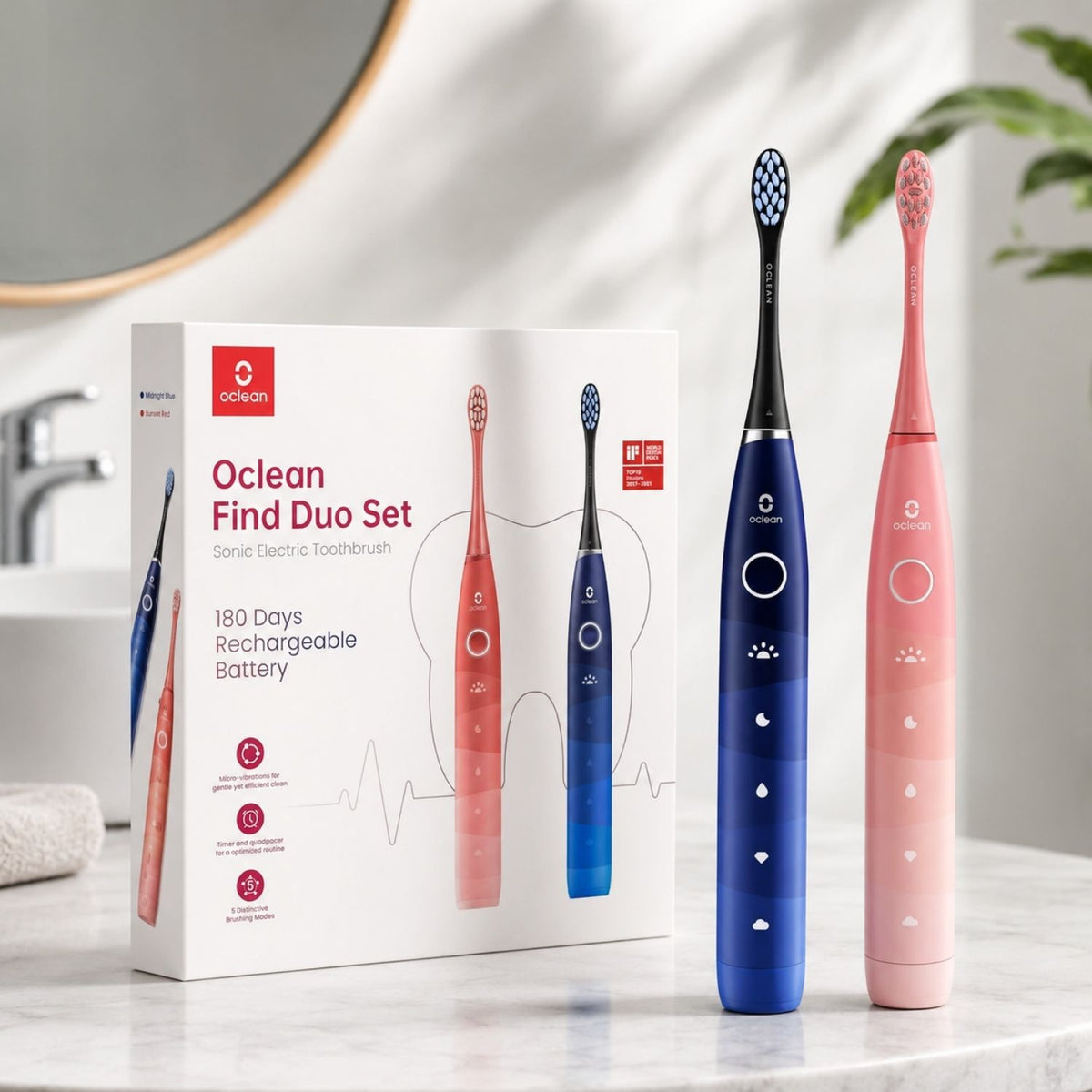 Oclean Find Duo Elektrický zubní kartáček sada – 2 kusy, modrá a červená