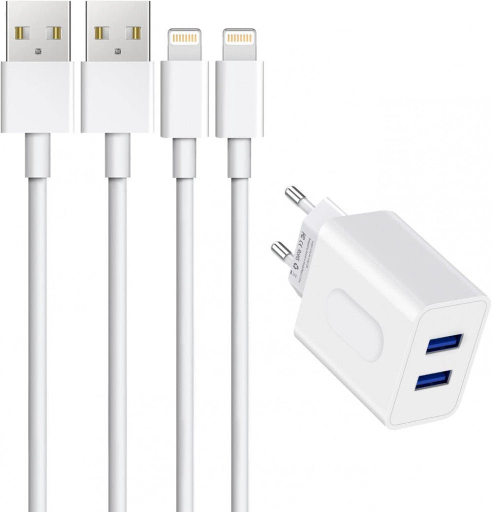 Amoner 2 - Port USB - A Fali Töltőadapter, 2 db Lightning Kábellel Apple Készülékekhez - BShopy