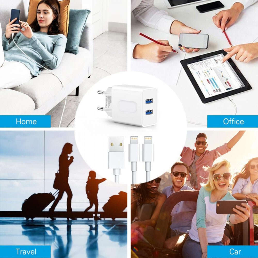 Amoner 2 - Port USB - A Fali Töltőadapter, 2 db Lightning Kábellel Apple Készülékekhez - BShopy