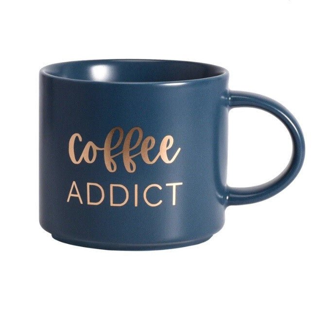 Coffee Addict Kerámia Bögre – 410 ml, Kék Arany Felirattal - BShopy