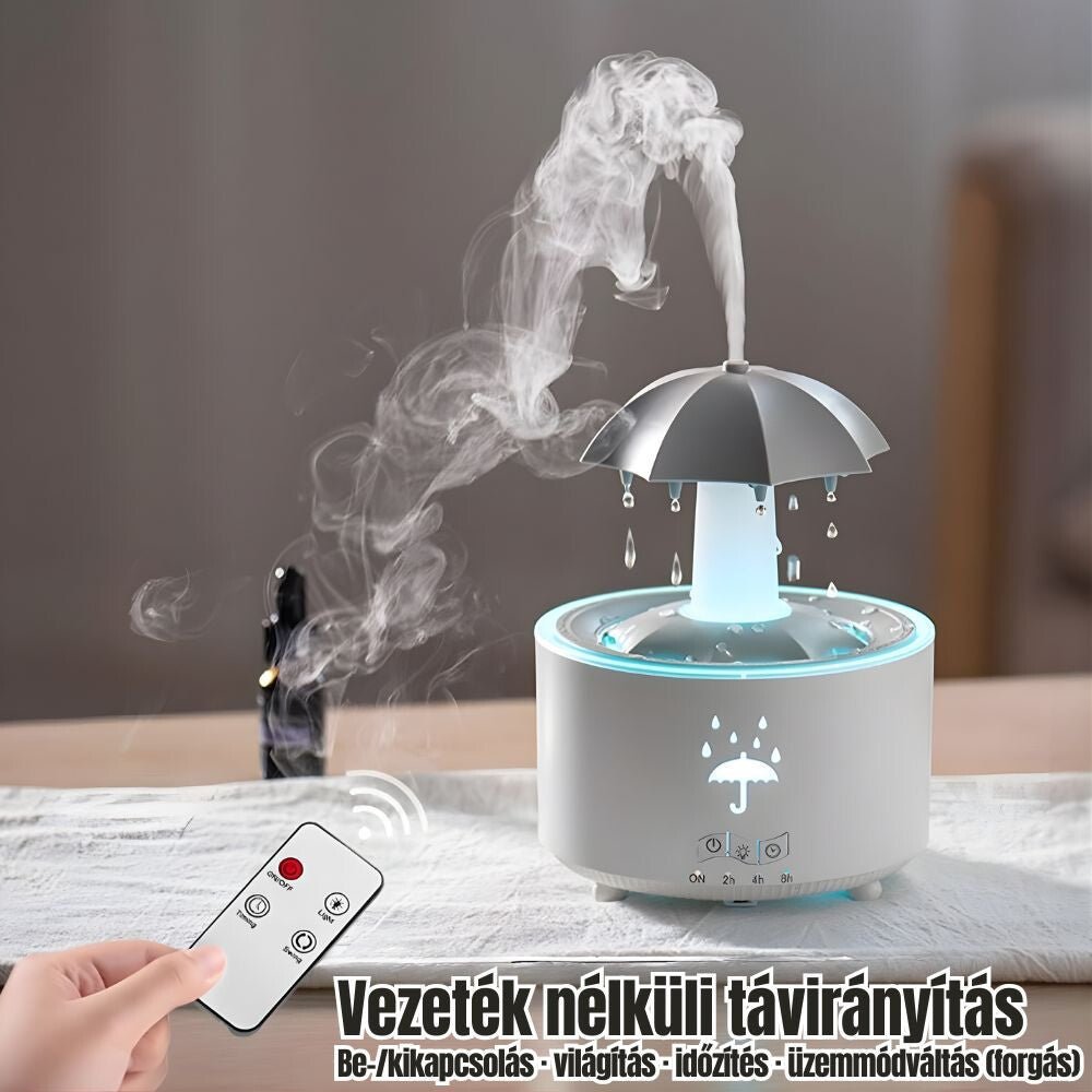 Forgó Esernyő Aromadiffúzor Esőcsepp Hatással – 7 Színű LED Hangulatvilágítással, Időzítővel és Automatikus Kikapcsolással - BShopy