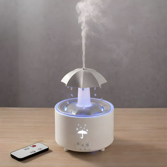 Forgó Esernyő Aromadiffúzor Esőcsepp Hatással – 7 Színű LED Hangulatvilágítással, Időzítővel és Automatikus Kikapcsolással - BShopy