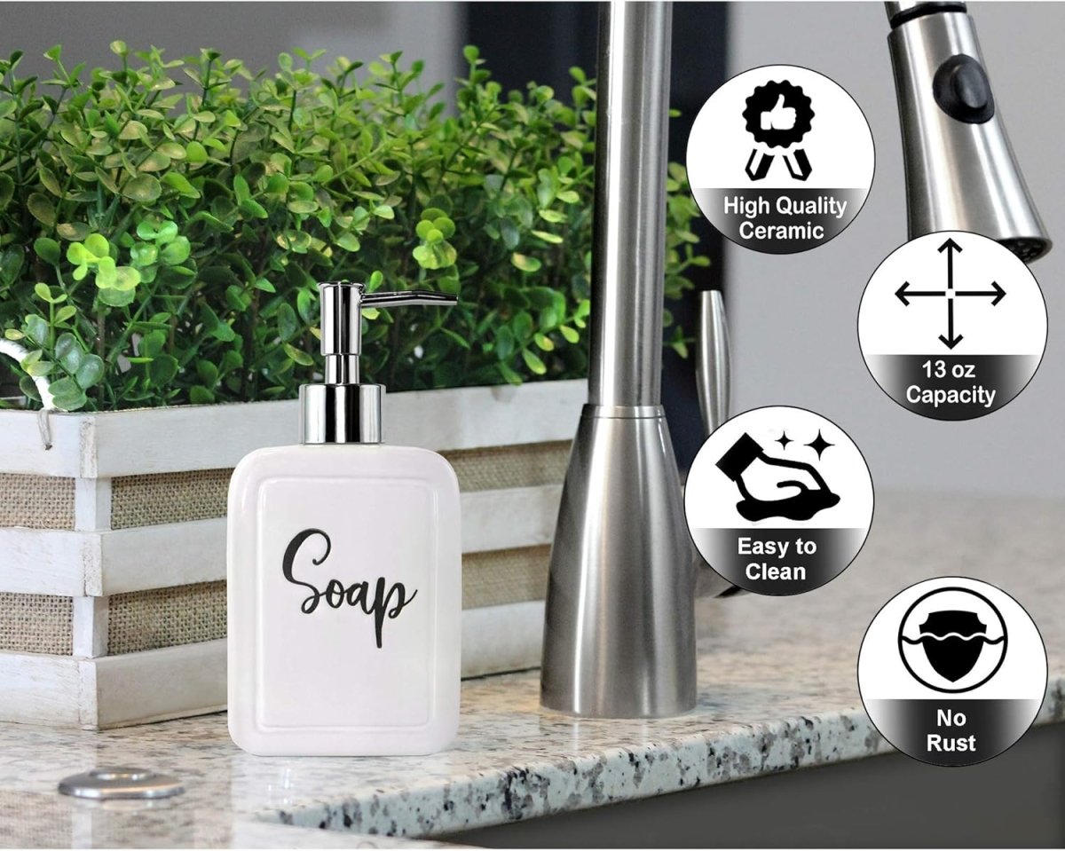 Kerámia Szappanadagoló 380ml - Konyhai és Fürdőszobai Adagoló, 2 db Rozsdamentes Pumpafejjel - BShopy