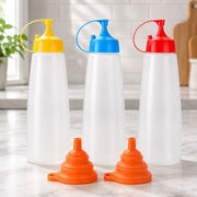 Sada lahviček na omáčky 3 ks, 550 ml – 2 silikonové nálevky, bez BPA, nekapou, LikeSun