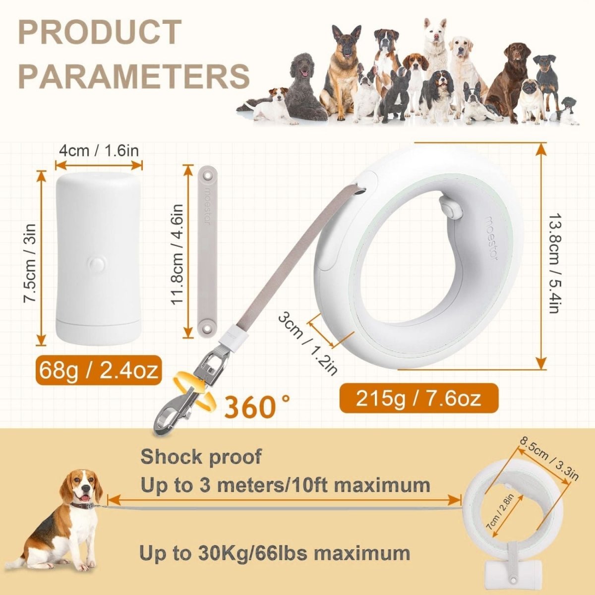 Moestar 2 Plus Visszahúzható Kutyapóráz - 3 m, LED Lámpával, Rózsaszín-Fehér, Ergonomikus Markolat-BShopy