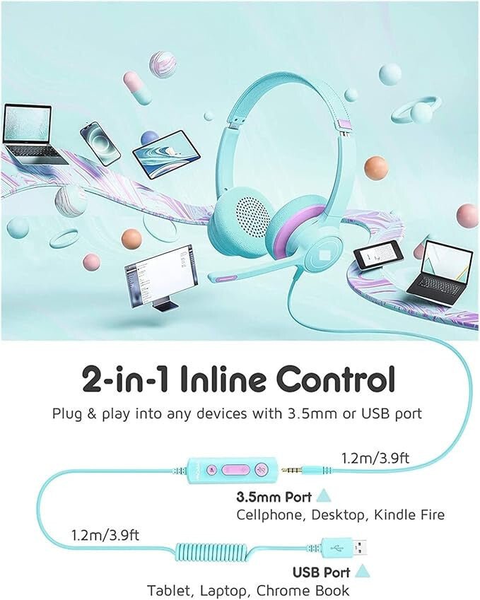 MPOW Gyerek Headset - Zöld - Lila Színű, Mikrofonos és Kényelmes Fejhallgató - BShopy