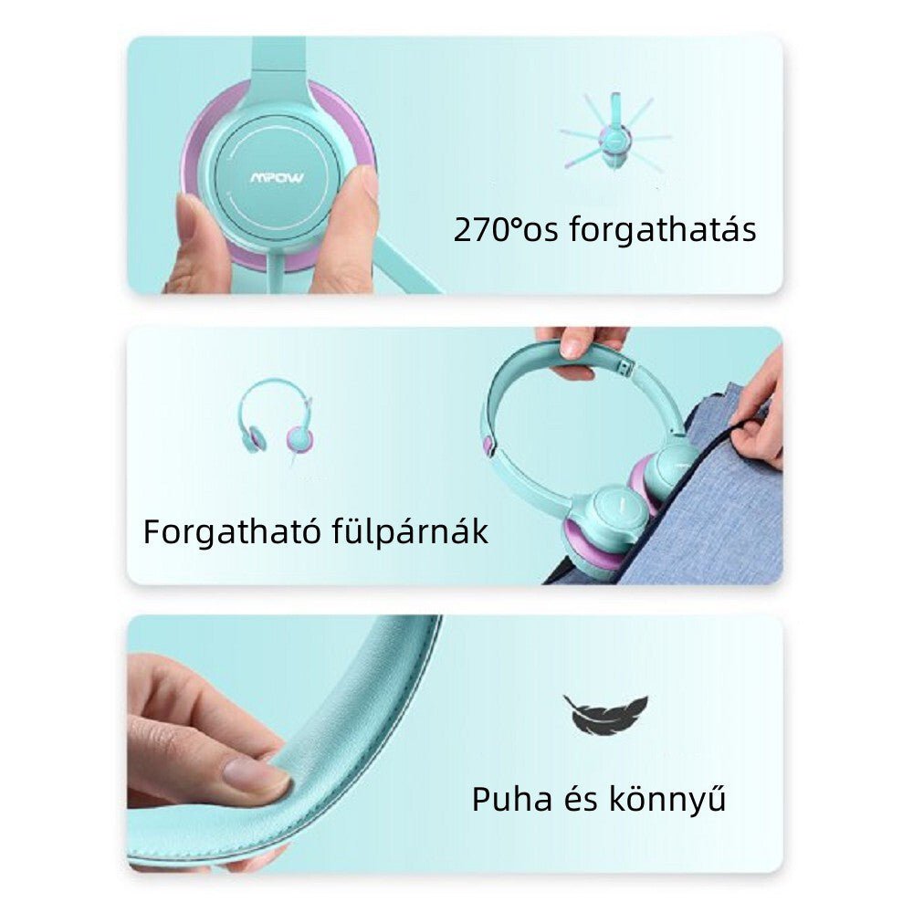 MPOW Gyerek Headset - Zöld - Lila Színű, Mikrofonos és Kényelmes Fejhallgató - BShopy