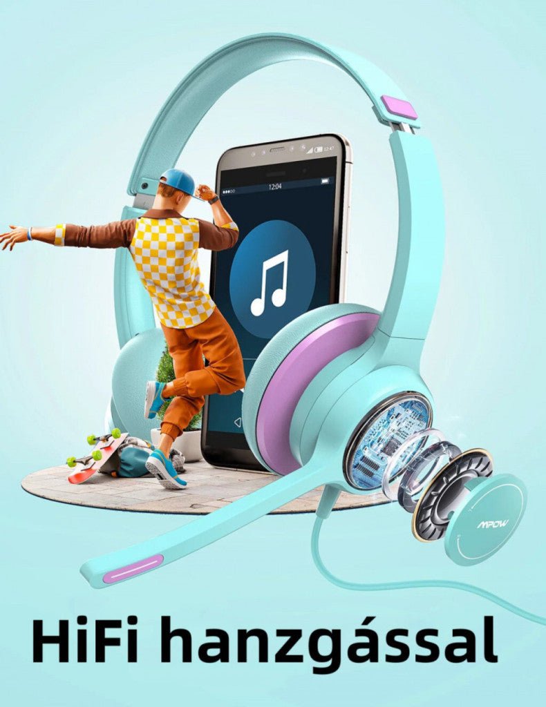 MPOW Gyerek Headset - Zöld - Lila Színű, Mikrofonos és Kényelmes Fejhallgató - BShopy