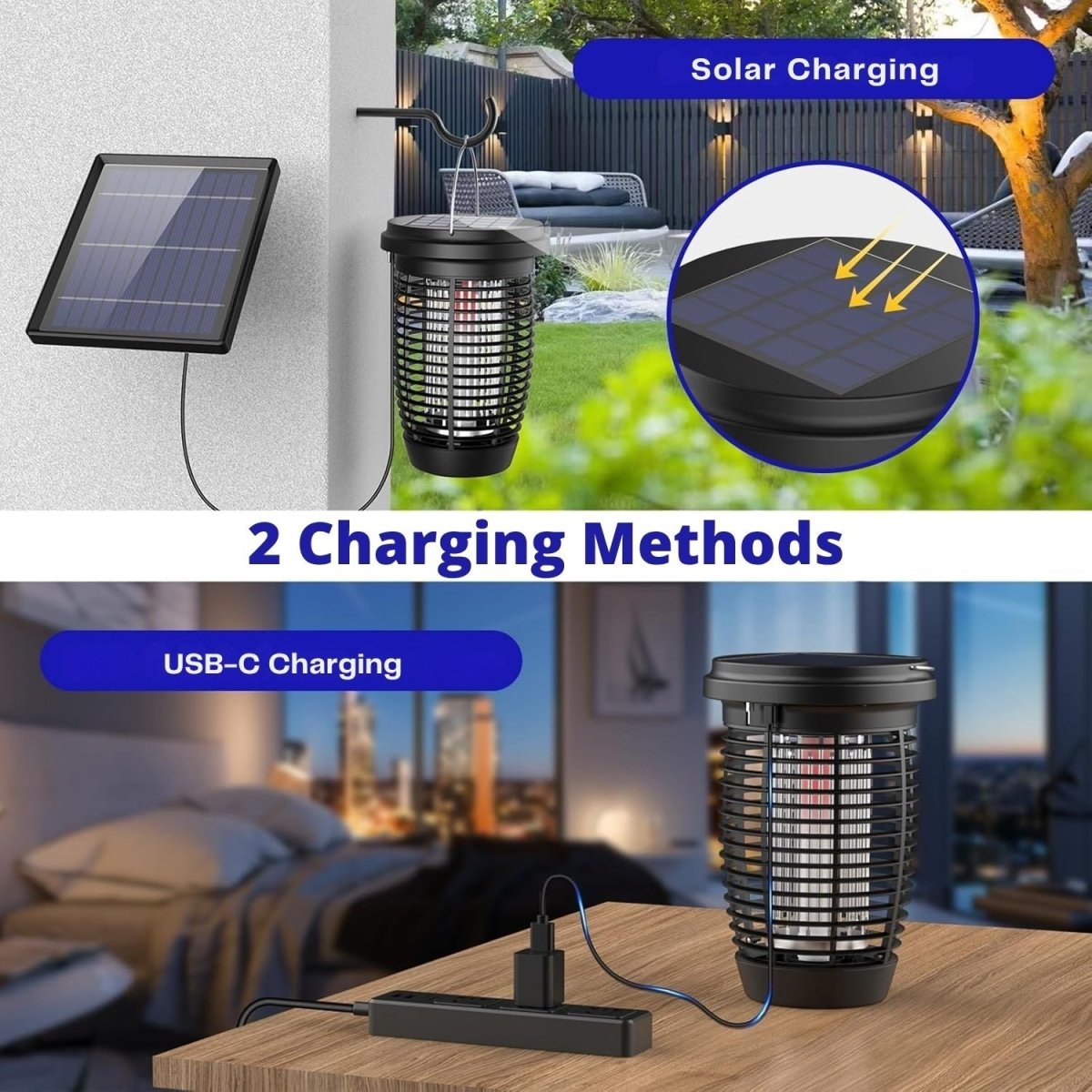 PALONE LT806S Napelemes Szúnyogirtó Lámpa Külső Napelemmel – 4500V Elektromos Rovarcsapda, USB-C Töltés, 100 m²-BShopy