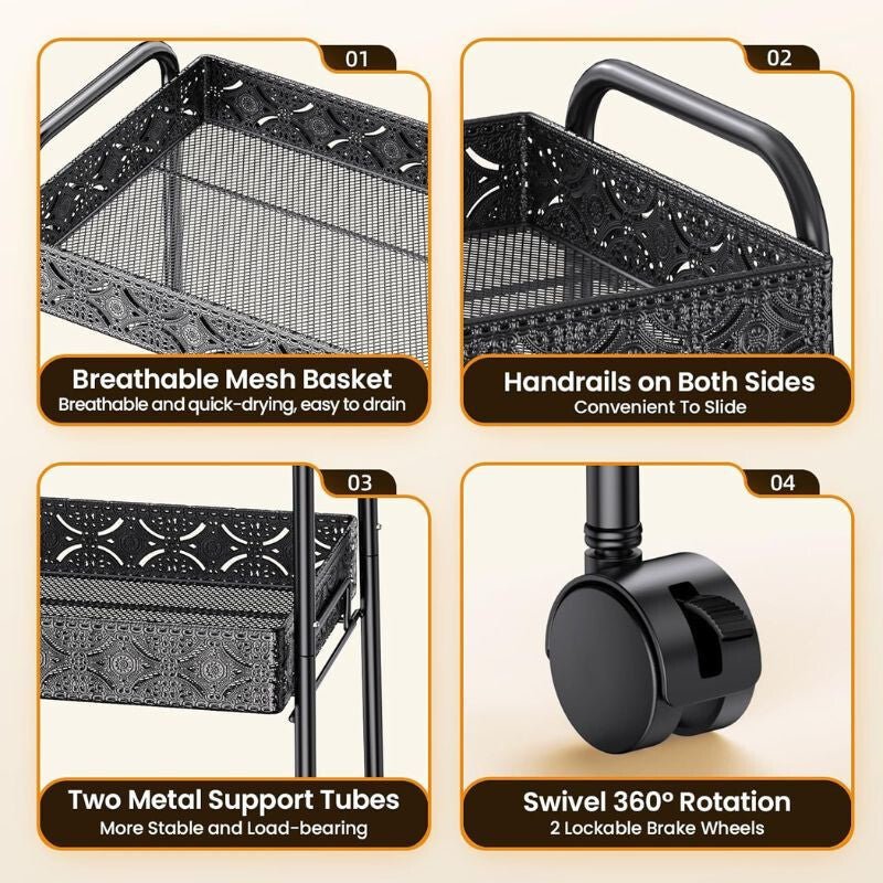 PKBD 3 Szintes Fém Gurulós Tároló - Zárható, Kerekes Szekrény Fekete Színben - BShopy