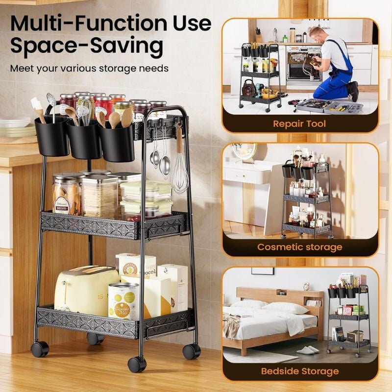 PKBD 3 Szintes Fém Gurulós Tároló - Zárható, Kerekes Szekrény Fekete Színben - BShopy