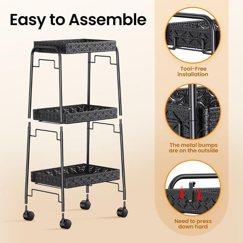 PKBD 3 Szintes Fém Gurulós Tároló - Zárható, Kerekes Szekrény Fekete Színben - BShopy