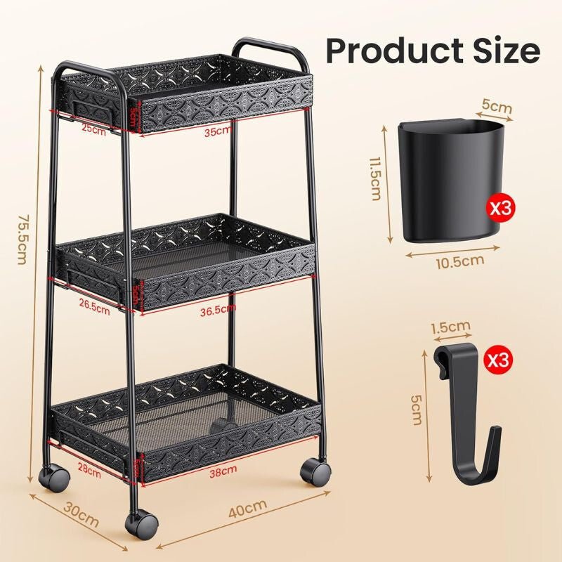 PKBD 3 Szintes Fém Gurulós Tároló - Zárható, Kerekes Szekrény Fekete Színben - BShopy