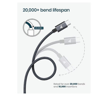 Rampow USB - C Fonott Adatkábel 2m Szürke - Gyorstöltés és Adatátvitel - BShopy