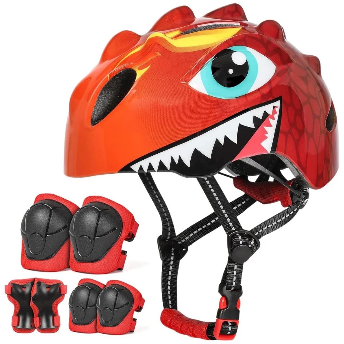 Sada červené dětské helmy s dinosaurem a chráničů