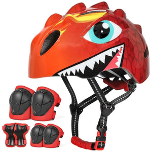 Sada červené dětské helmy s dinosaurem a chráničů