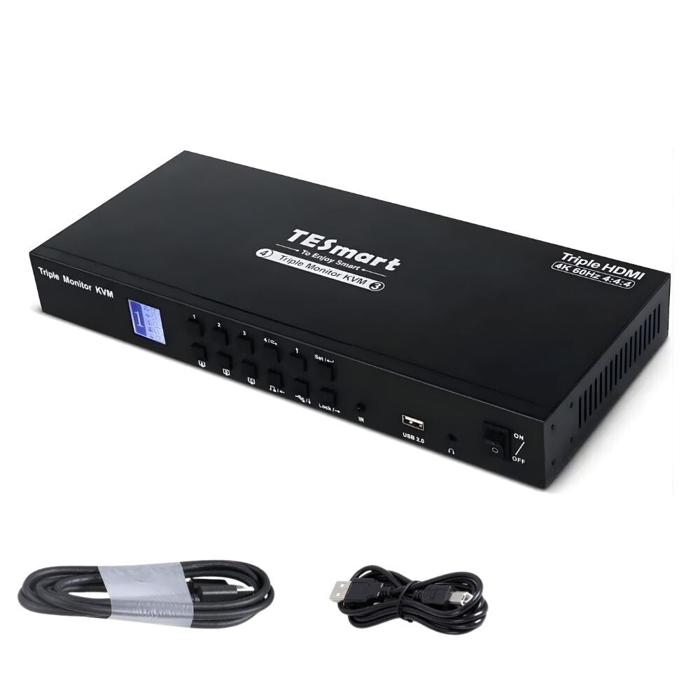 TESmart Triple Monitor HDMI KVM Switch – 4 Számítógép, 3 Monitor, 4K 60Hz, USB és Hang Megosztás - BShopy