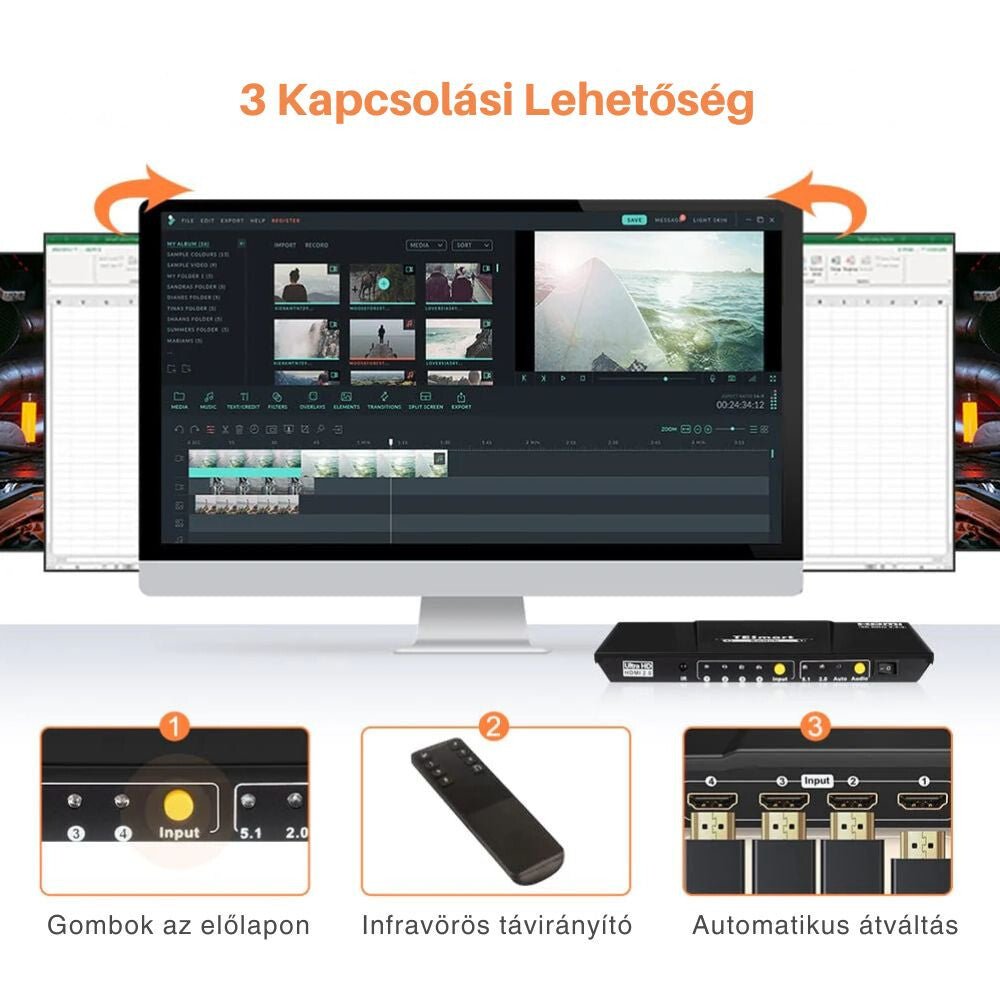 TESmart UHD HDMI Switch – 4x1 (4 Bemenet 1 Kimenet), 4K@60Hz, HDR10, Dolby Vision, S/PDIF, CEC, Audió Kimenettel (Fekete) - BShopy