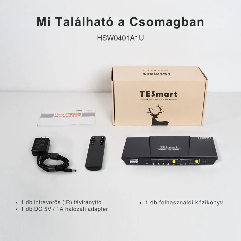 TESmart UHD HDMI Switch – 4x1 (4 Bemenet 1 Kimenet), 4K@60Hz, HDR10, Dolby Vision, S/PDIF, CEC, Audió Kimenettel (Fekete) - BShopy1 TV 4 eszköz4K@60Hz HDMICEC támogatásTESmart UHD HDMI Switch – 4x1 (4 Bemenet 1 Kimenet), 4K@60Hz, HDR10, Dolby Vision, S/PDIF, CEC, Audió Kimenettel (Fekete)