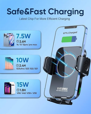 Yitumu A26 15W Qi Vezeték Nélküli Autós Töltő – Gyorstöltő Funkció és 360° Forgatható Tartó - BShopy