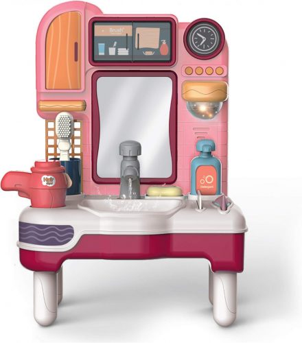 Koupelnové zrcadlo s umyvadlem, baterií, příslušenstvím potrubí, osvětlením a přehráváním zvuku (růžová)