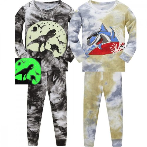LOLPIP Chlapecké bavlněné pyžamo s dlouhým rukávem pro 7leté děti 2ks (žralok a dinosaurus)